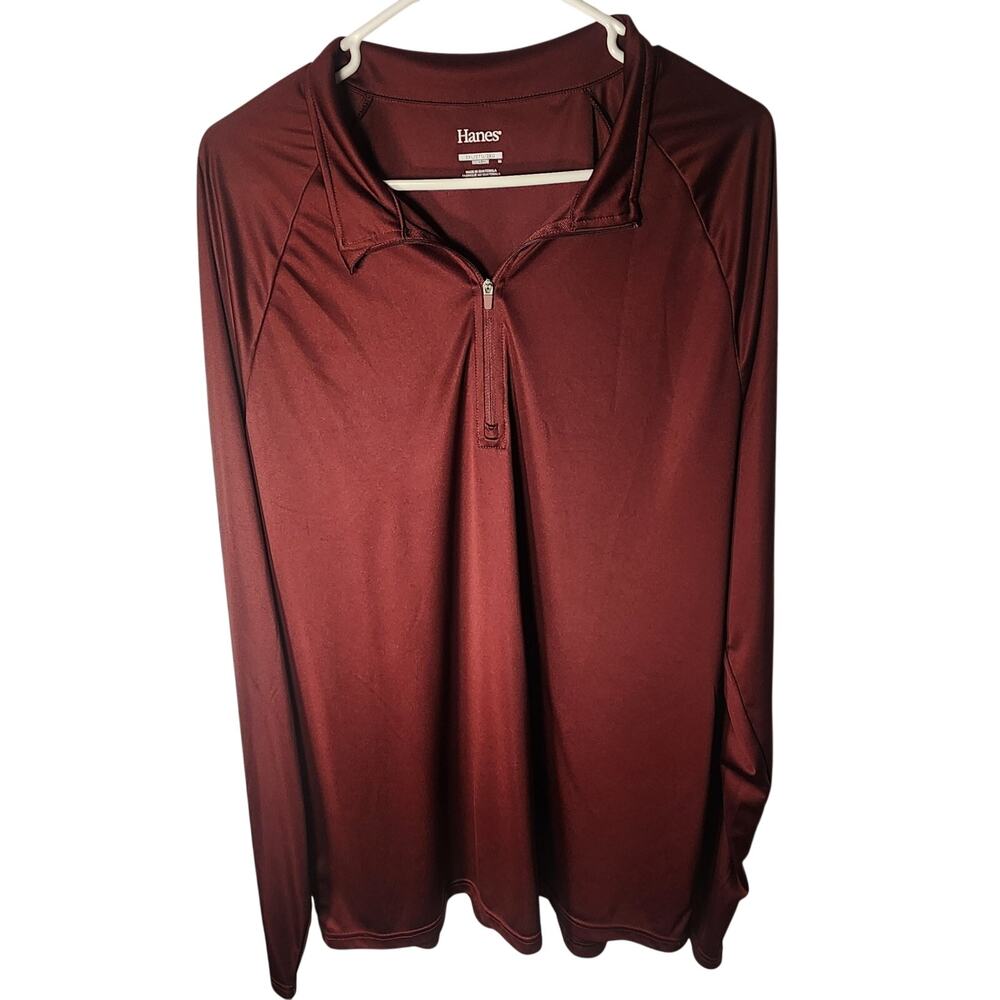 Hanes Mens 2XL Long Sleeve 1/4 Zip Pullover Shirt Maroon Burgundy Athletic